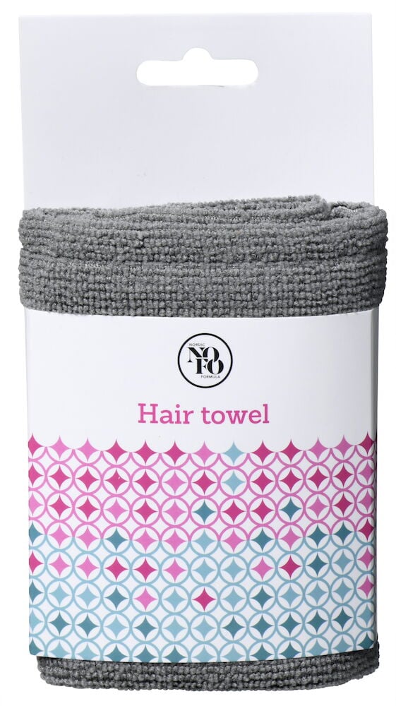 Grå hårturban i mikrofiber med förpackning.
