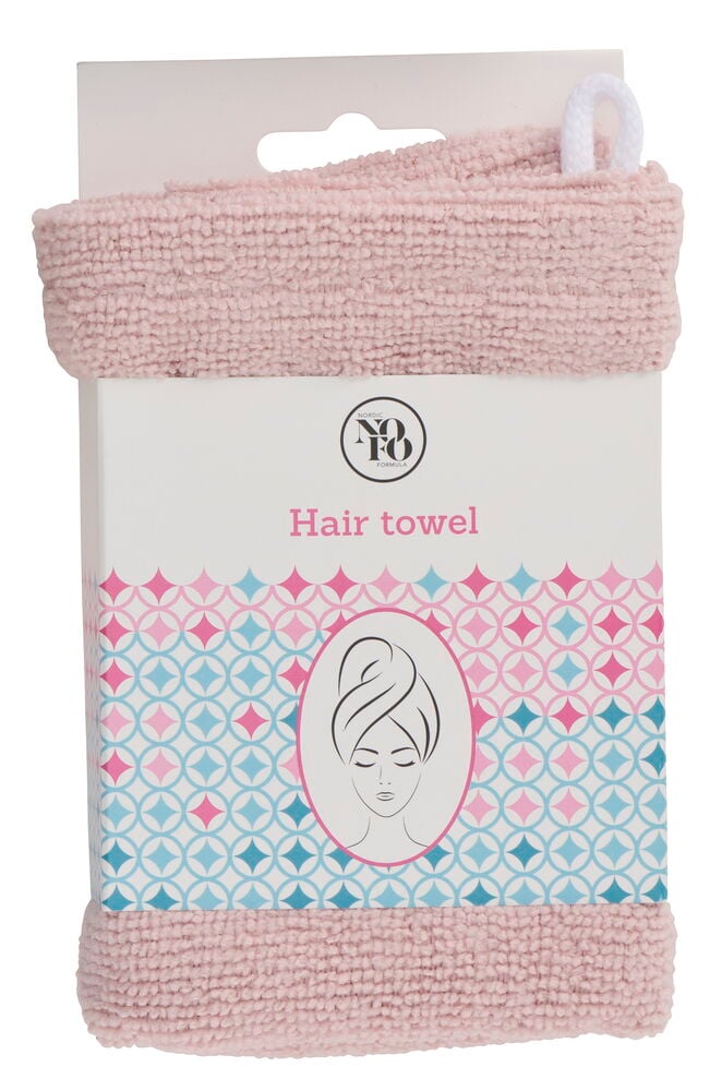 Rosa texturerad Hårturban NoFo Flera sorter på vit kartonghängare med märkning och grafik.