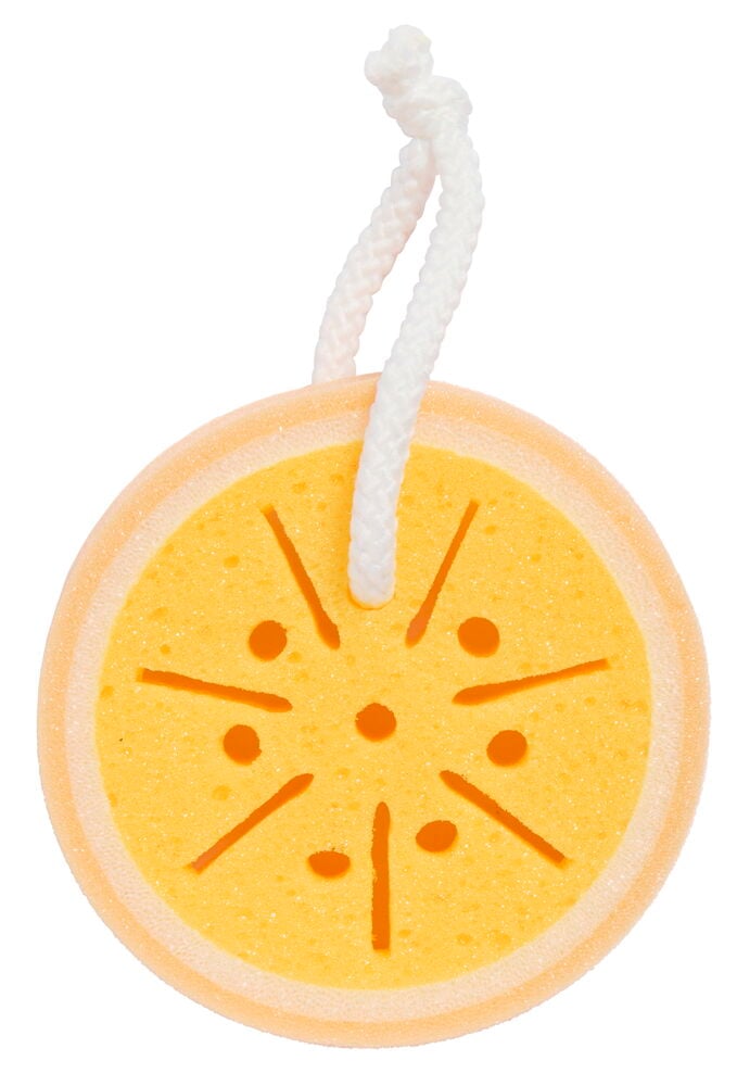 Rund badsvamp med fruktmotiv och vitt snöre.