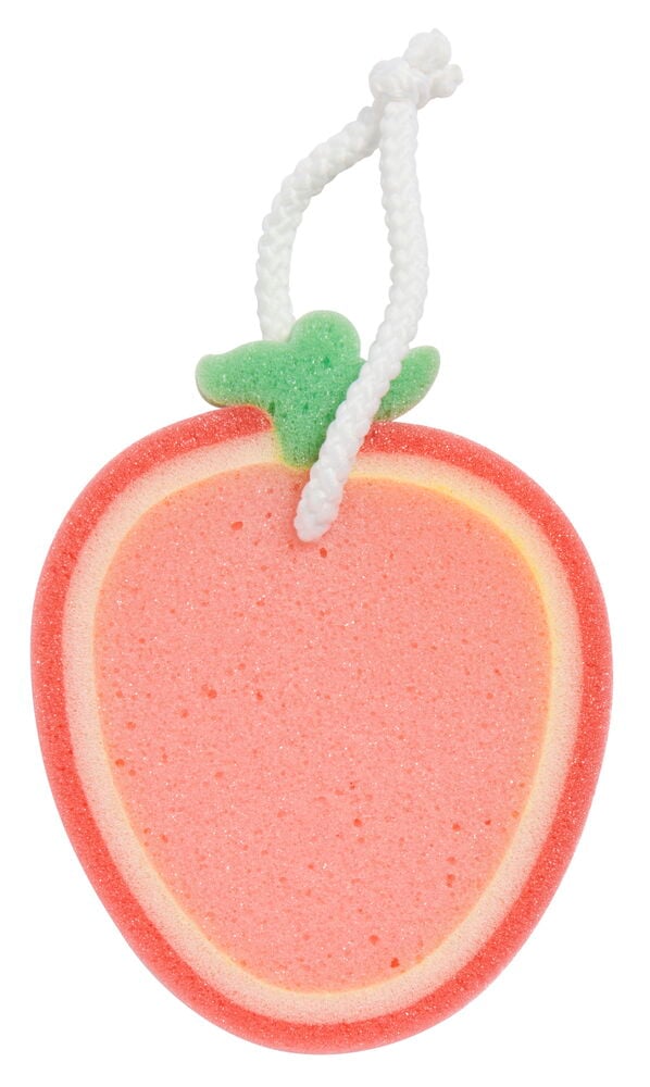 Färgglad badsvamp formad som frukt med snöre.
