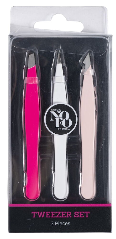 Tre pincetter med olika spetsar i genomskinlig förpackning.