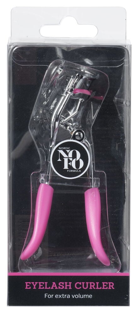 Ögonfransböjare med rosa handtag i genomskinlig förpackning.