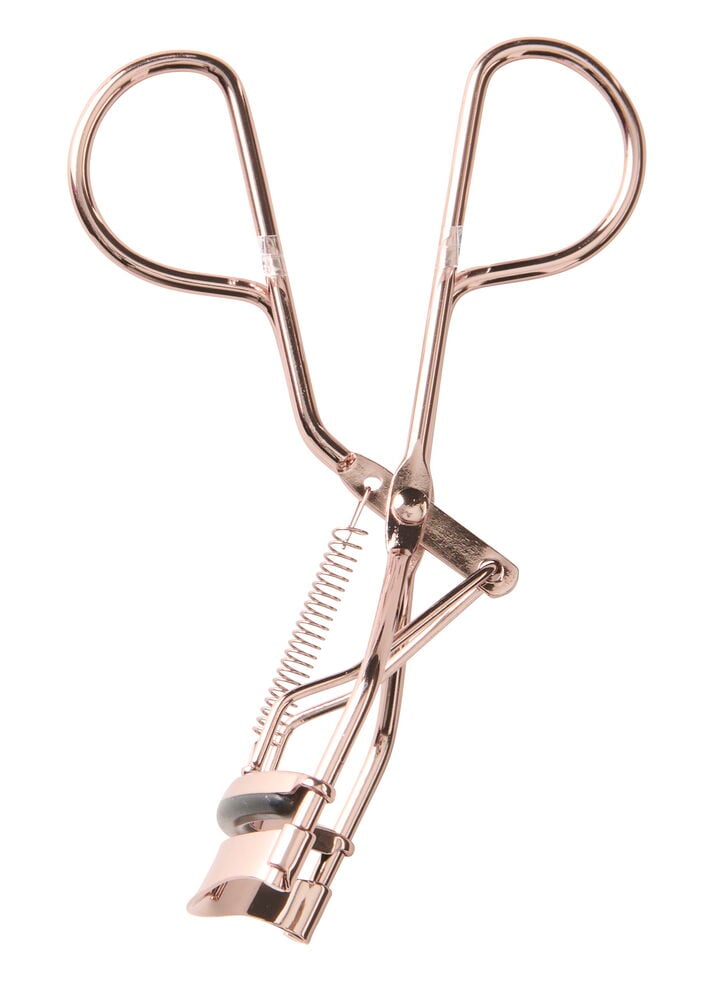 Vippetang NoFo i roségull metall med fjær og mørkegrå silikonpute, forfra.