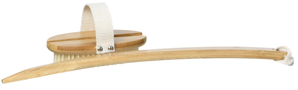 Bambuinen kylpyharja, jossa on pitkä irrotettava kahva.