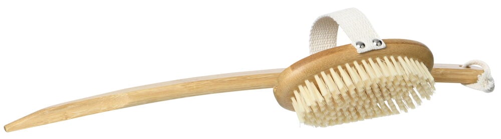 Bambusta valmistettu kylpyharja, jossa on pitkä irrotettava kahva.