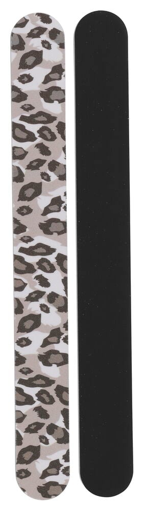 NoFo 2er-Pack Nagelfeilen: eine Leopardenmuster in Beige, Weiß, Braun, und eine einfarbige Schwarze.