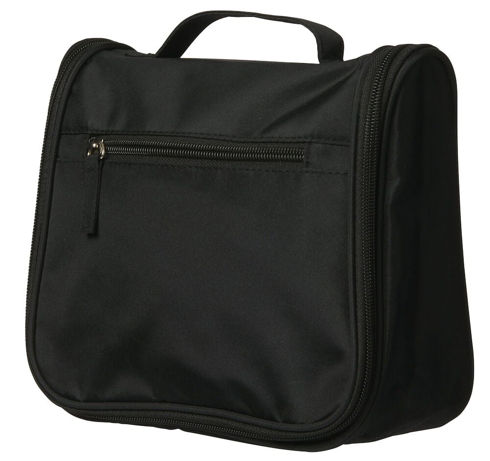 Svart necessär med dragkedja och bärhandtag.