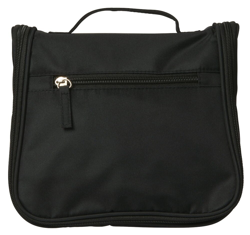 Musta toilettilaukku, jossa kantokahva ja vetoketjutasku.