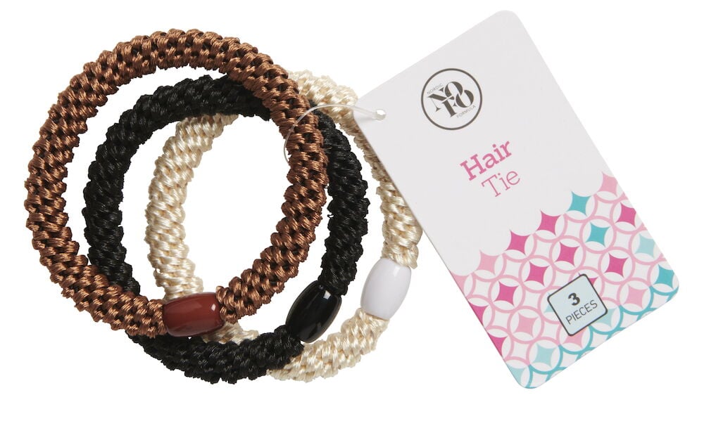 Tre elastiska hårsnoddar i olika färger.