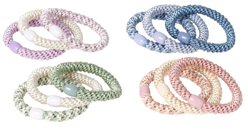 Fyra set med färgglada hårsnoddar i olika färger.