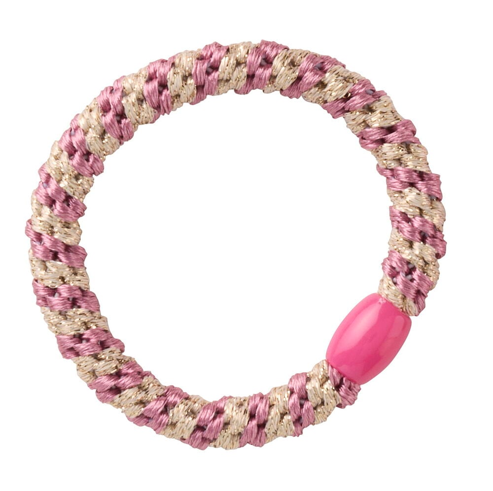 Haargummi NoFo 4 er-Pack Verschiedene Sorten, rosa und gold geflochtenes rundes Gummiband mit einer rosa Kunststoffperle.