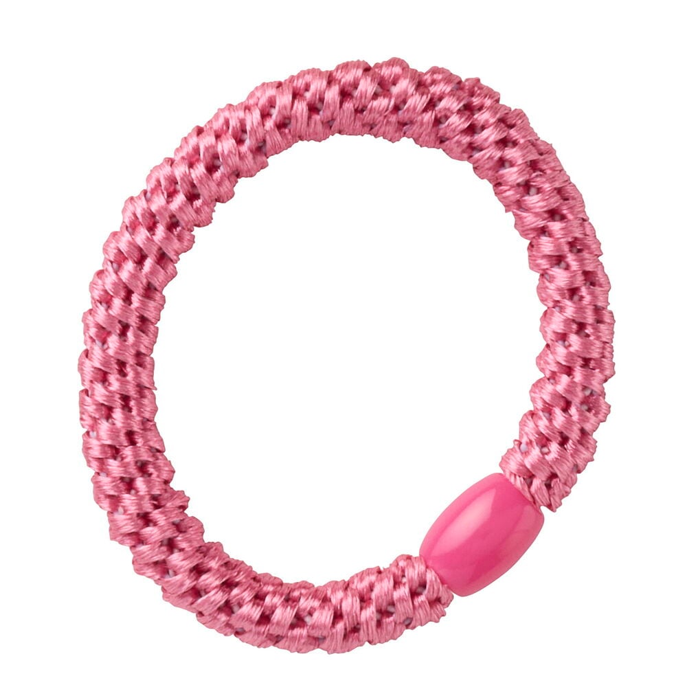 Ein pinkes Haargummi mit geflochtener Textur und einer glatten pinken Perle.
