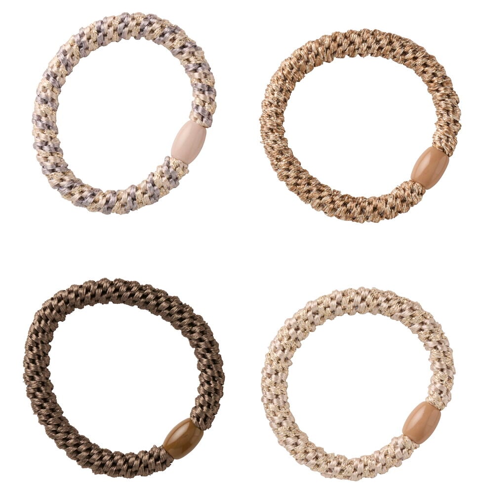 Haargummi NoFo 4 er-Pack Verschiedene Sorten: geflochtene beige/grau, gold, dunkelbraun und hellbeige mit ovalen Perlen.