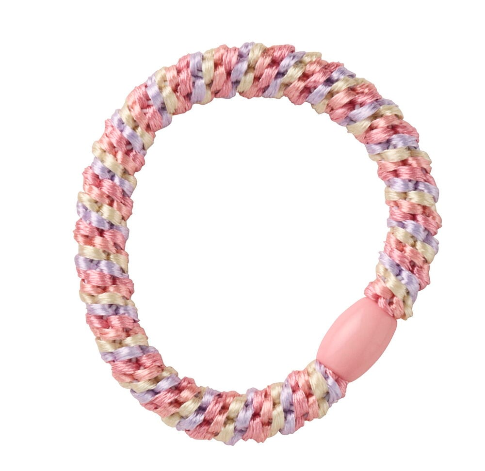 NoFo Verschiedene Sorten Haargummi: rund, geflochten in Pastellrosa, Lila, Creme mit rosa Perle.