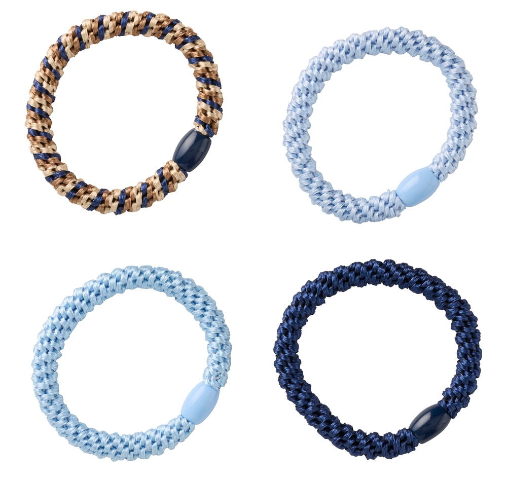 Haargummi NoFo 4er-Pack Verschiedene Sorten, darunter ein geflochtenes Beige-Blau, zwei Hellblau und ein Dunkelblau.