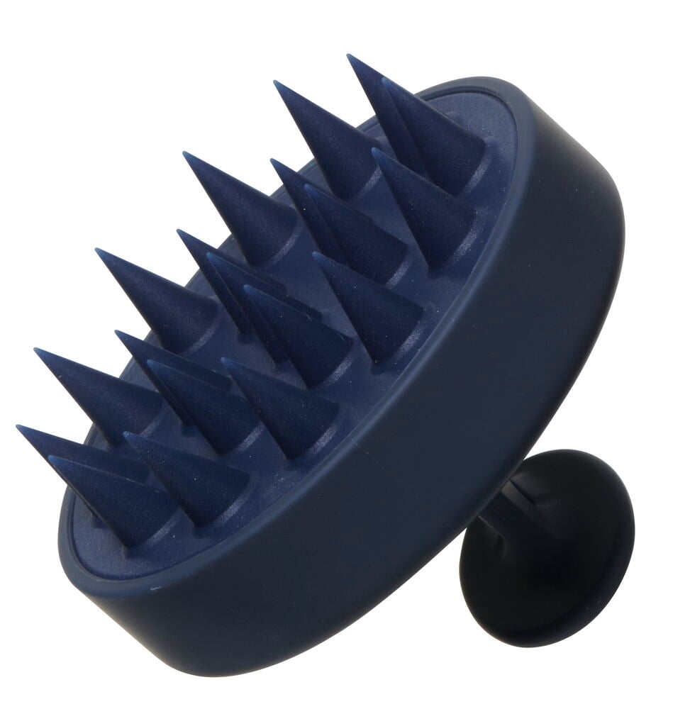 Mörkblå schampoborste med spetsiga piggar.