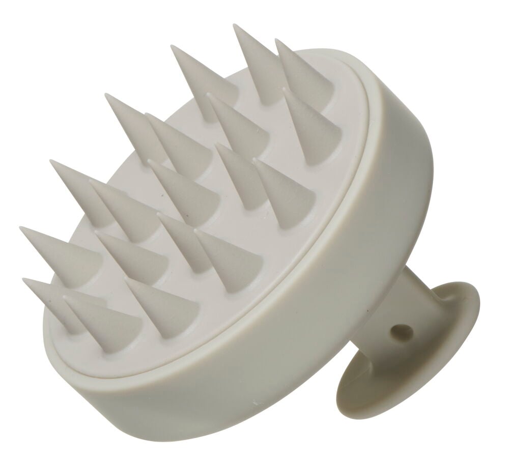 Grå schampoborste med handtag och mjuka piggar.