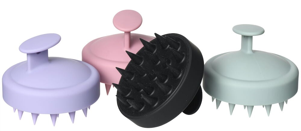 Fyra schampoborstar i olika färger och material.