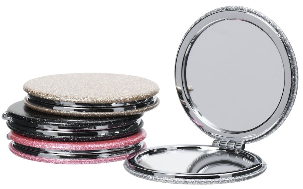 Flera glittriga fickspeglar i olika färger.