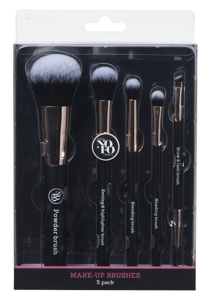 Fem sminkborstar i svart och roséguld för ansikte.