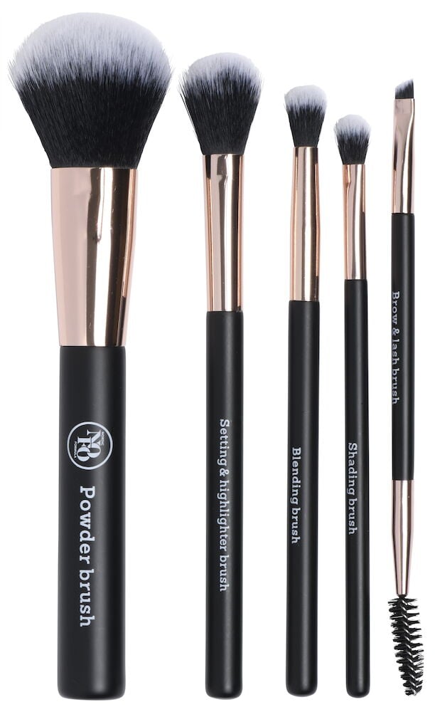 Fem sminkborstar i olika storlekar och former.
