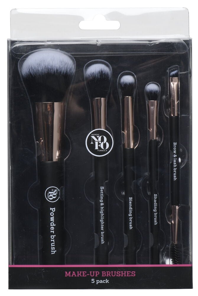 Fem sminkborstar i svart förpackning med genomskinligt lock.
