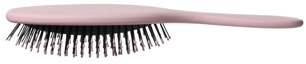 Rosa paddelborste med svarta borst och handtag.