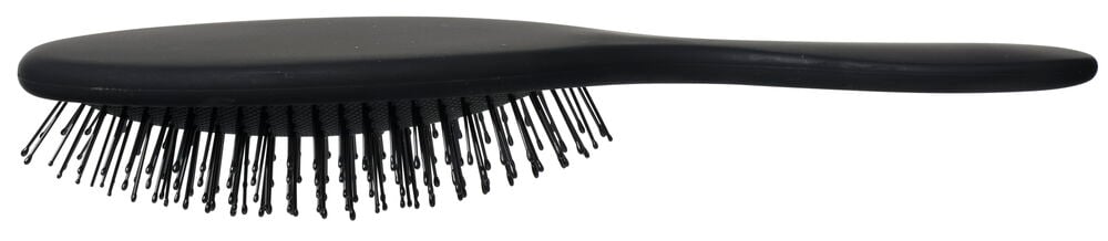 Schwarze Haarbürste mit Griff und synthetischen Borsten.