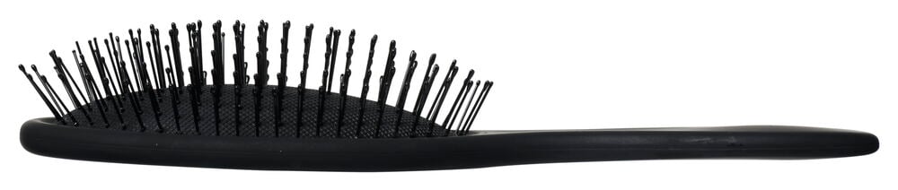 Schwarze Haarbürste mit ergonomischem Griff und abgerundeten Borsten.