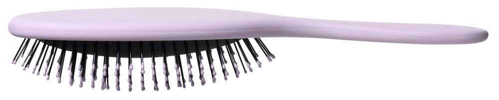 Hellviolette Haarbürste mit schwarzen Borsten und Stiel.