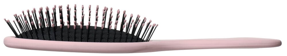Rosa Paddelbürste mit schwarzem Kissen und Plastikborsten.