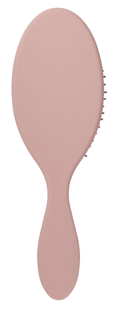 Rosa Haarbürste mit ergonomischem Griff und Borsten.