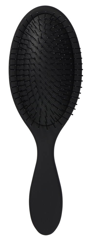 Schwarze ovale Haarbürste mit Plastikborsten und Griff.