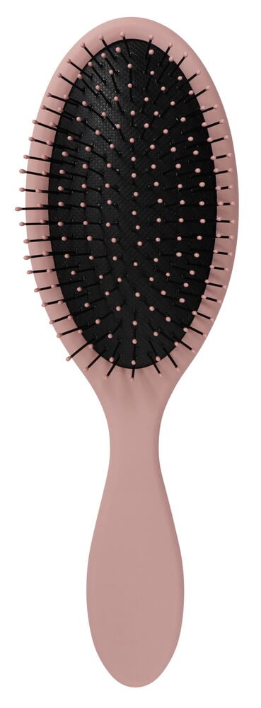 Schwarze Haarbürste mit rosafarbenem ergonomischem Griff.