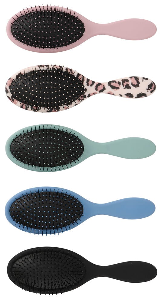 Fünf ovale Haarbürste Trend, in Rosa, Leopardenmuster, Mintgrün, Hellblau und Schwarz.