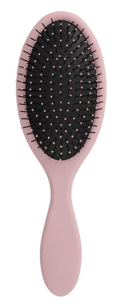 Rosa ovale Haarbürste Trend mit schwarzer Borstenbasis und rosa Borstenspitzen, Vorderansicht.