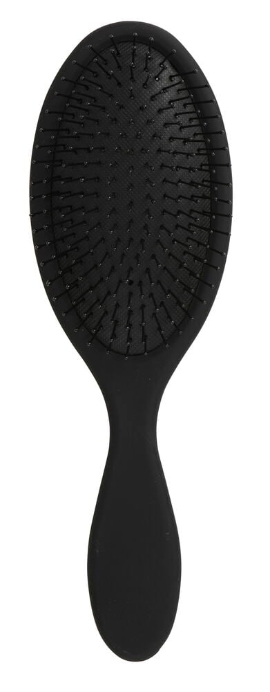 Eine schwarze ovale Haarbürste Trend mit schmalem Griff und sichtbaren Borsten, von vorne gesehen.