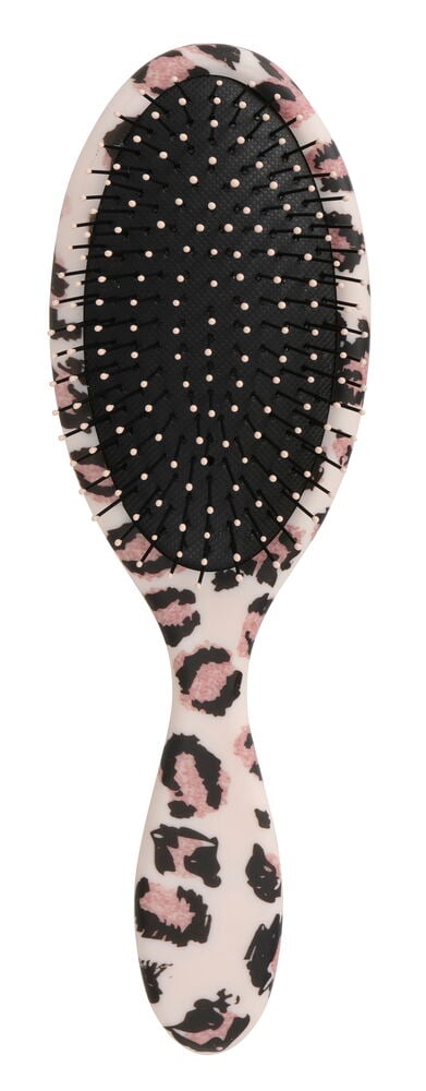 Haarbürste Trend mit rosa und schwarzem Leopardenmuster, schwarzen Borsten und rosa Spitzen.
