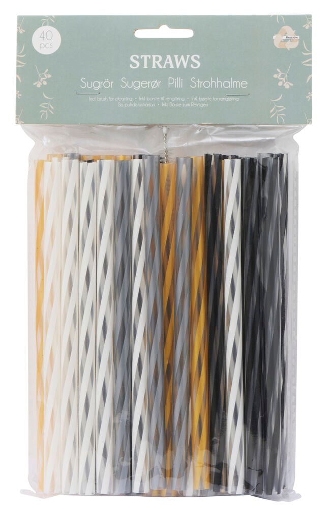 Useita erivärisiä uudelleenkäytettäviä pillejä juomiin.