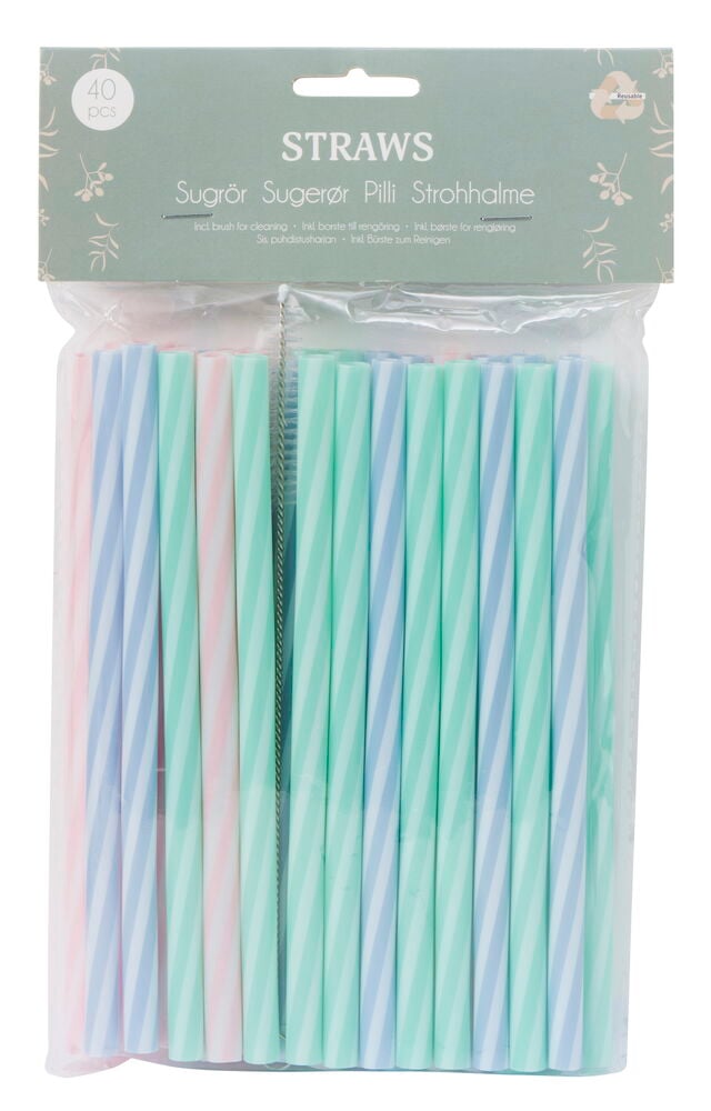 Alkuperäinen Teksti: Moniväriset uudelleenkäytettävät pillit muovipakkauksessa.