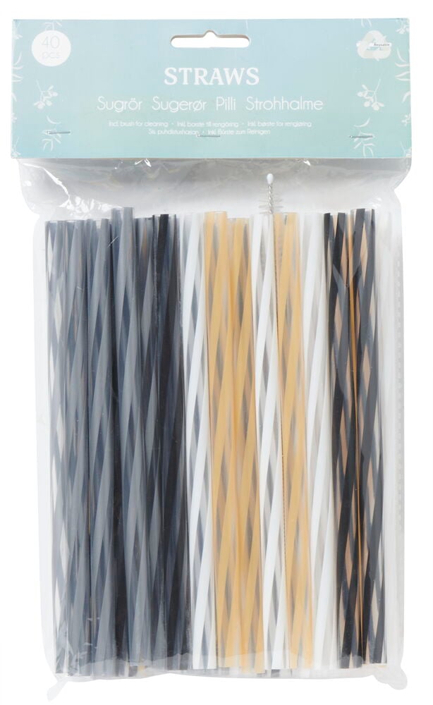 Neljäkymmentä uudelleenkäytettävää pillien mustana, valkoisena ja keltaisena.