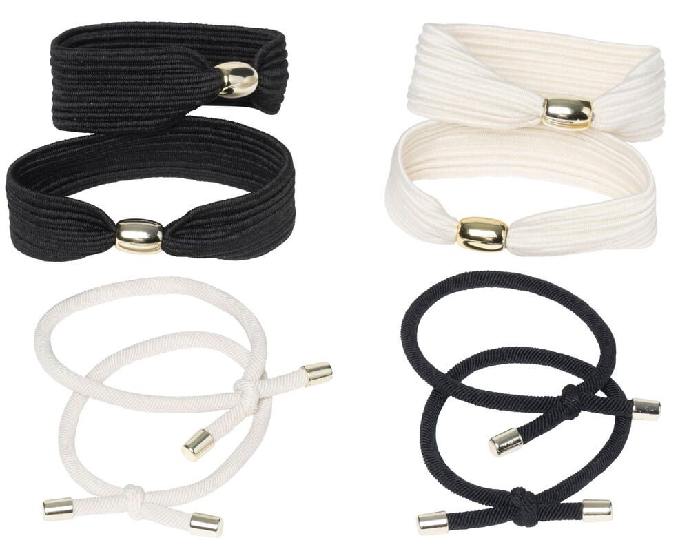 Fyra par hårsnoddar i svart och vitt.