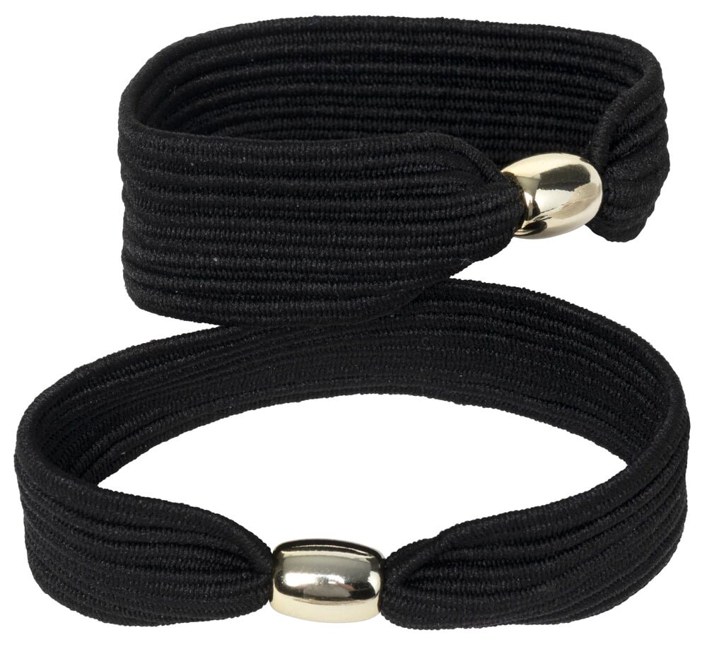 Två svarta elastiska hårsnoddar med guldfärgade detaljer.