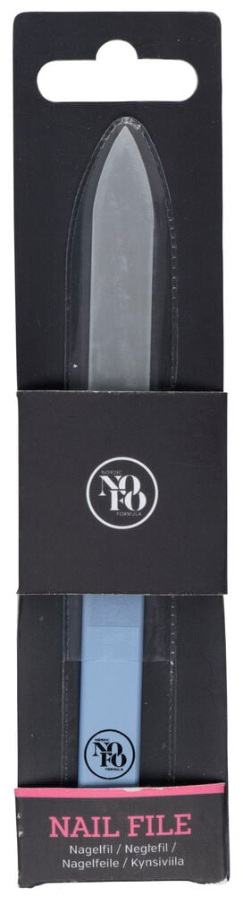 Nagelfil i glas med blått handtag i förpackning.