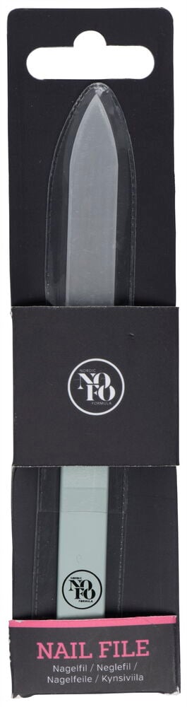 Glasnagelfil i genomskinlig förpackning med svart etikett.