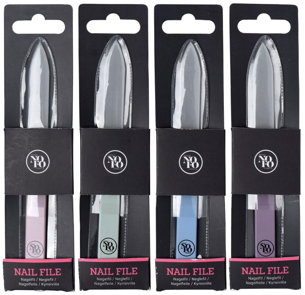 Fyra glasnagelfilar i olika färger i förpackning.