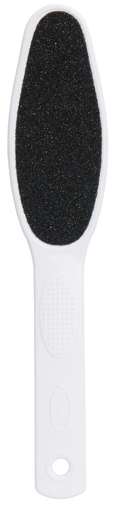 Vit fotfil med svart slipyta och ergonomiskt handtag.