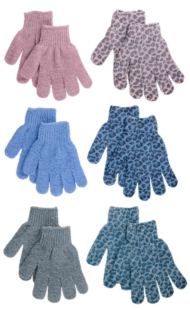 Peelinghandschuhe 2 er-Pack Verschiedene Sorten. Sechs Paare rosafarbene, blaue, graue und leoparden gemusterte Peelinghandschuhe.