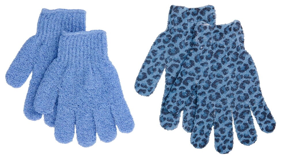 Ein 2er-Pack blaue Peelinghandschuhe, einer einfarbig blau und einer blau mit schwarzem Leopardenmuster.
