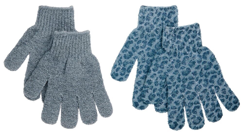 Peelinghandschuhe 2er-Pack Verschiedene Sorten, mit einem Paar einfarbiger grauer und einem Paar blauer Leopardenmuster-Handschuhe.